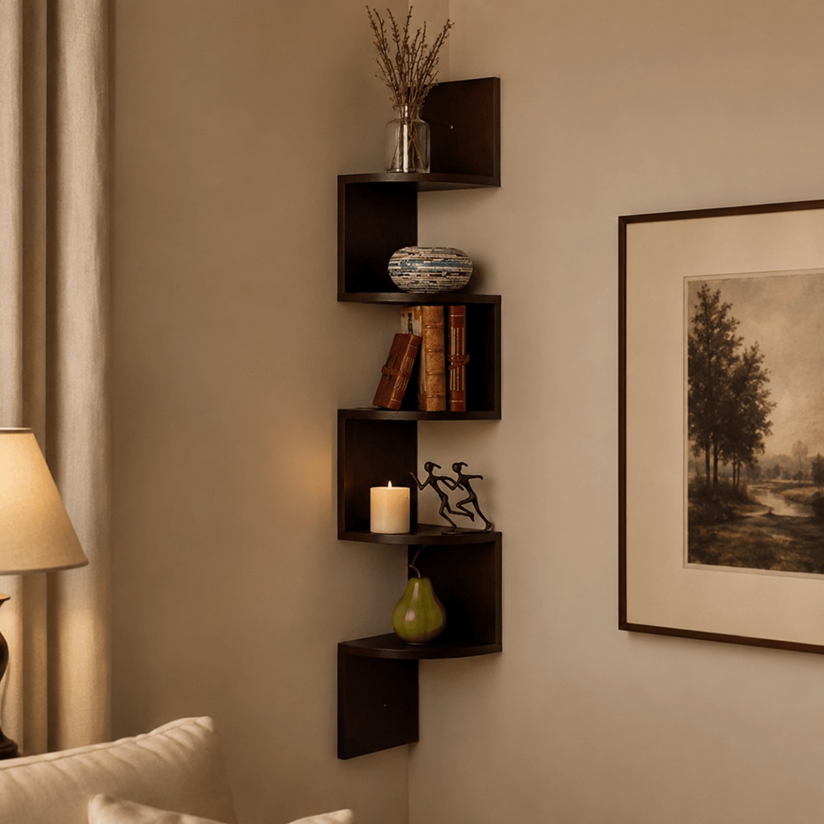 Space-saving corner wall shelf for modern storage at home