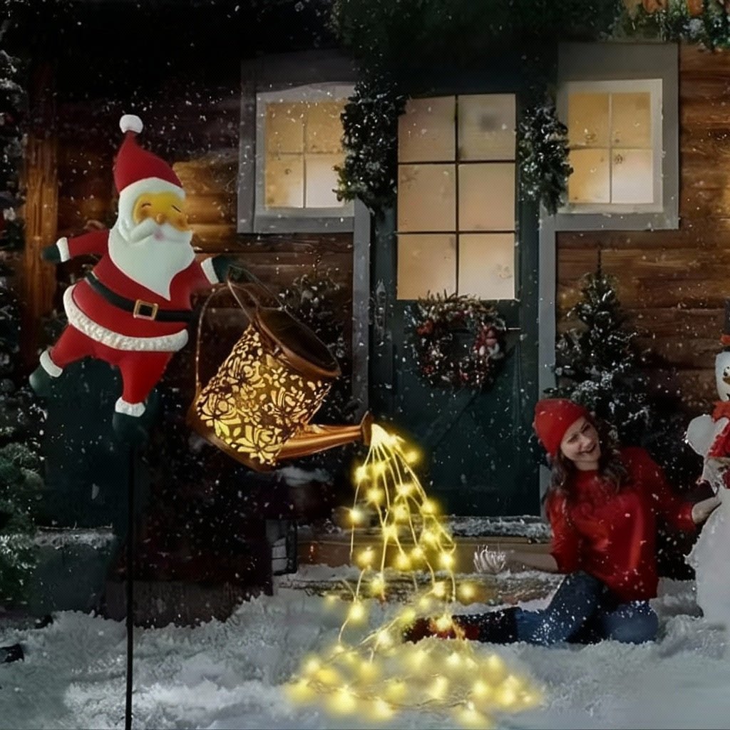 Solar Santa Watering Can Lantern for Cozy Winter Garden Decor