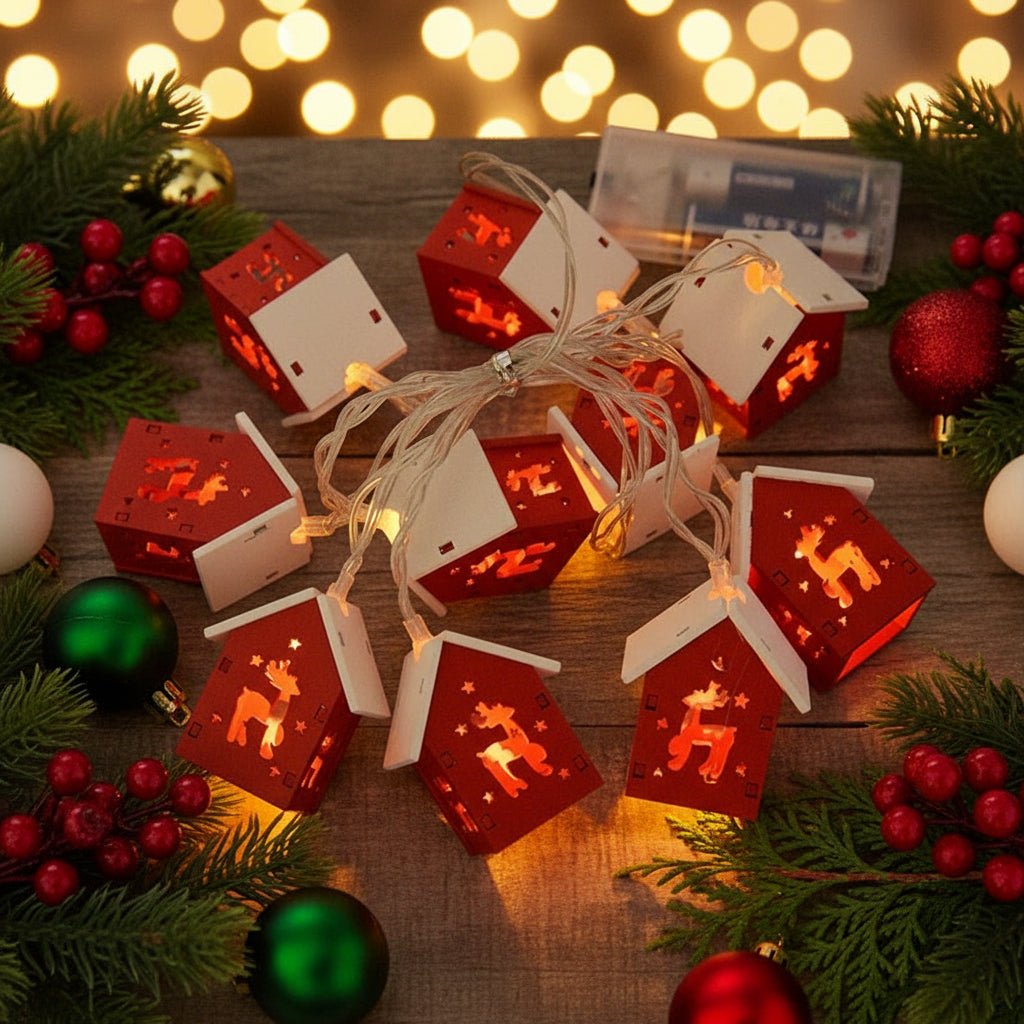 Wooden LED house light with warm white light for festive accents