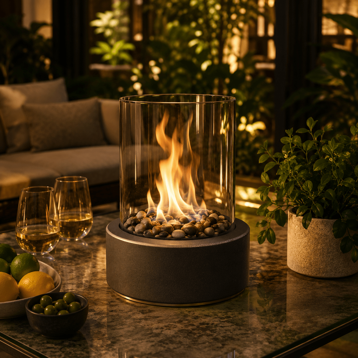 Modern tabletop fireplace with real flames and low-smoke bioethanol fuel
