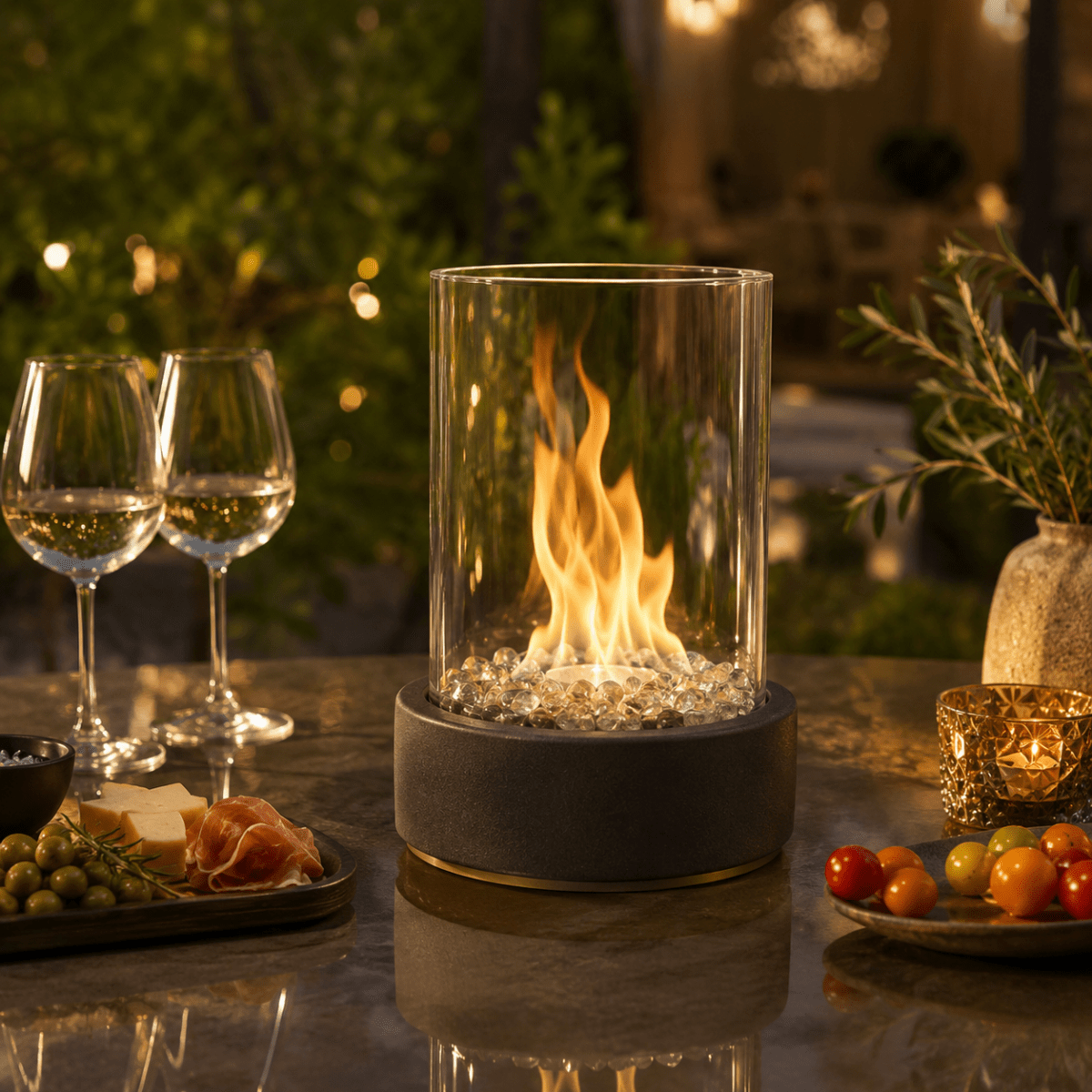 Modern tabletop fireplace with real flames and low-smoke bioethanol fuel