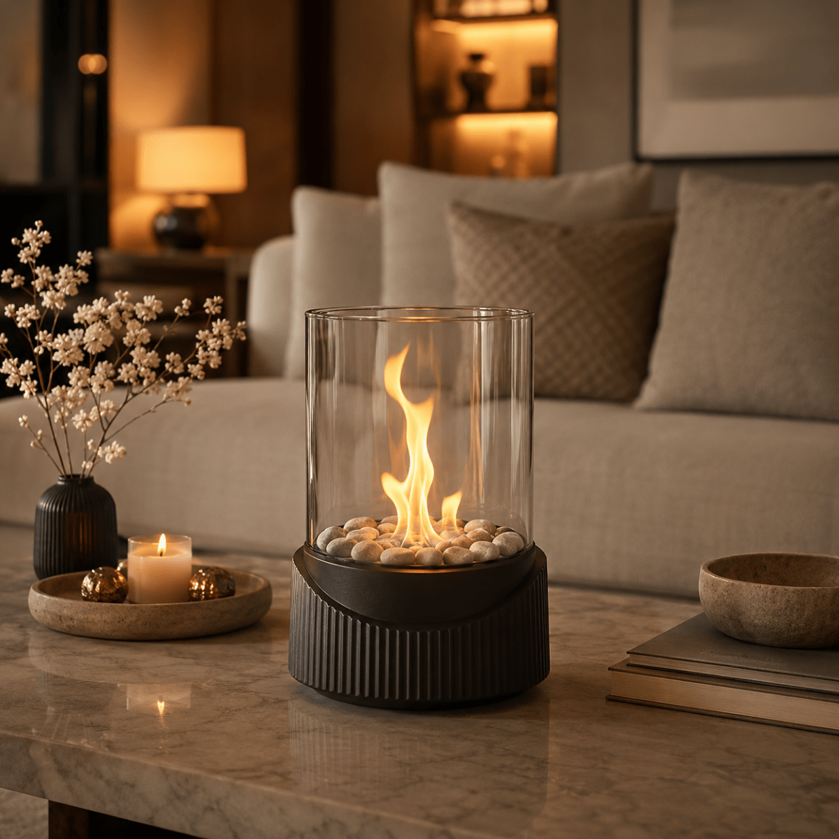 Modern tabletop fireplace with real flames and low-smoke bioethanol fuel