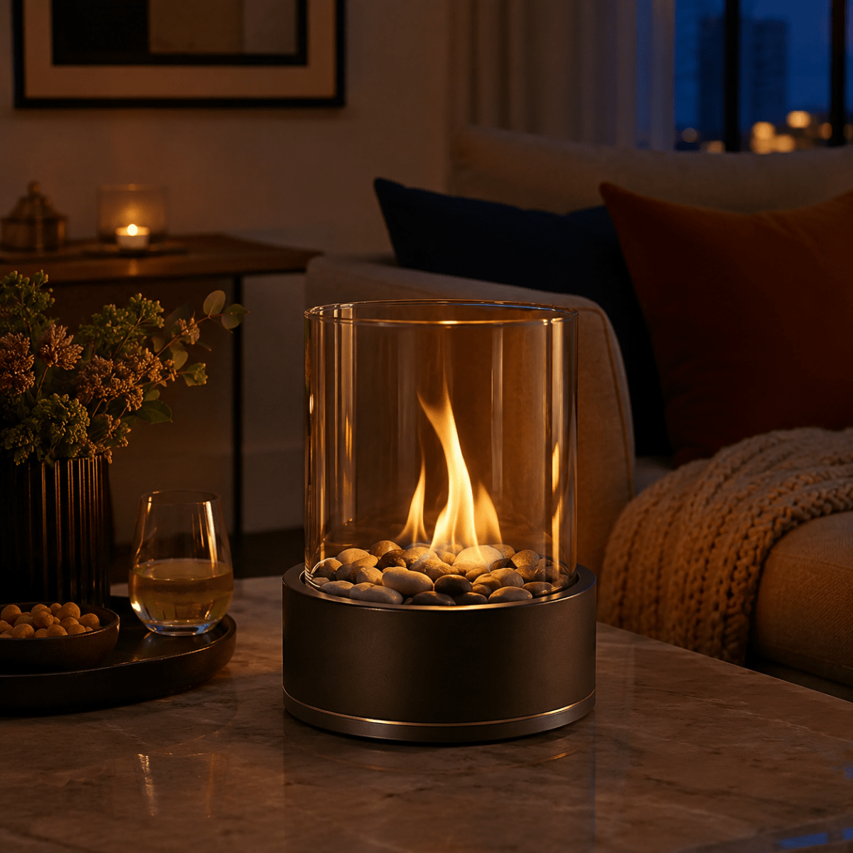 Modern tabletop fireplace with real flames and low-smoke bioethanol fuel