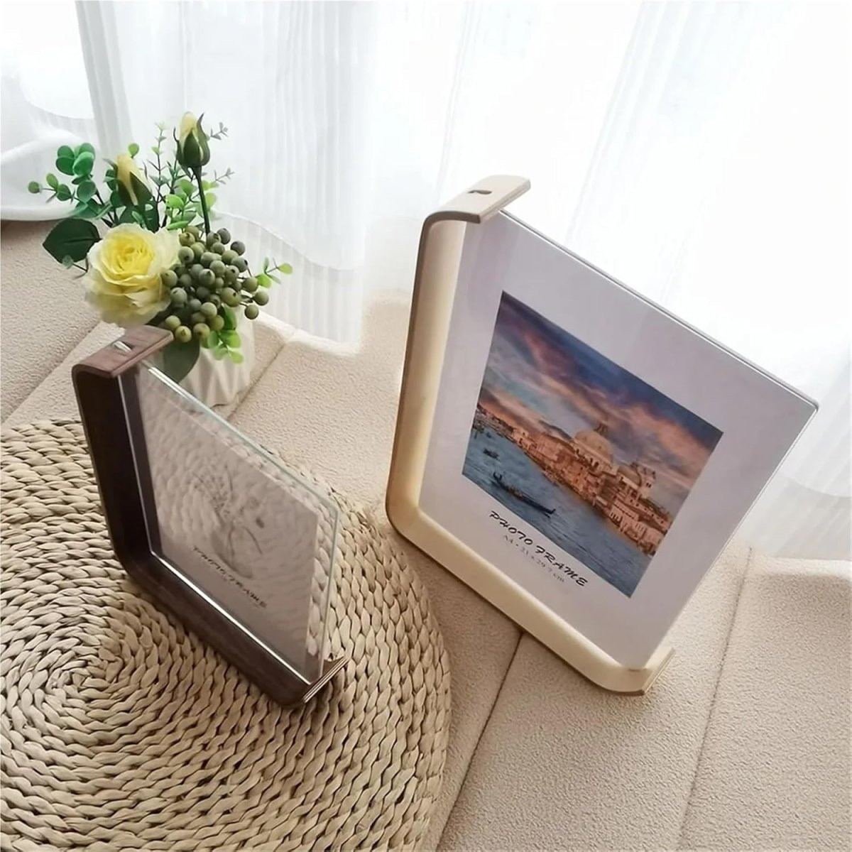 Acrylic-Wood Picture Frame with Double-Sided Viewing for Modern Tabletop Décor