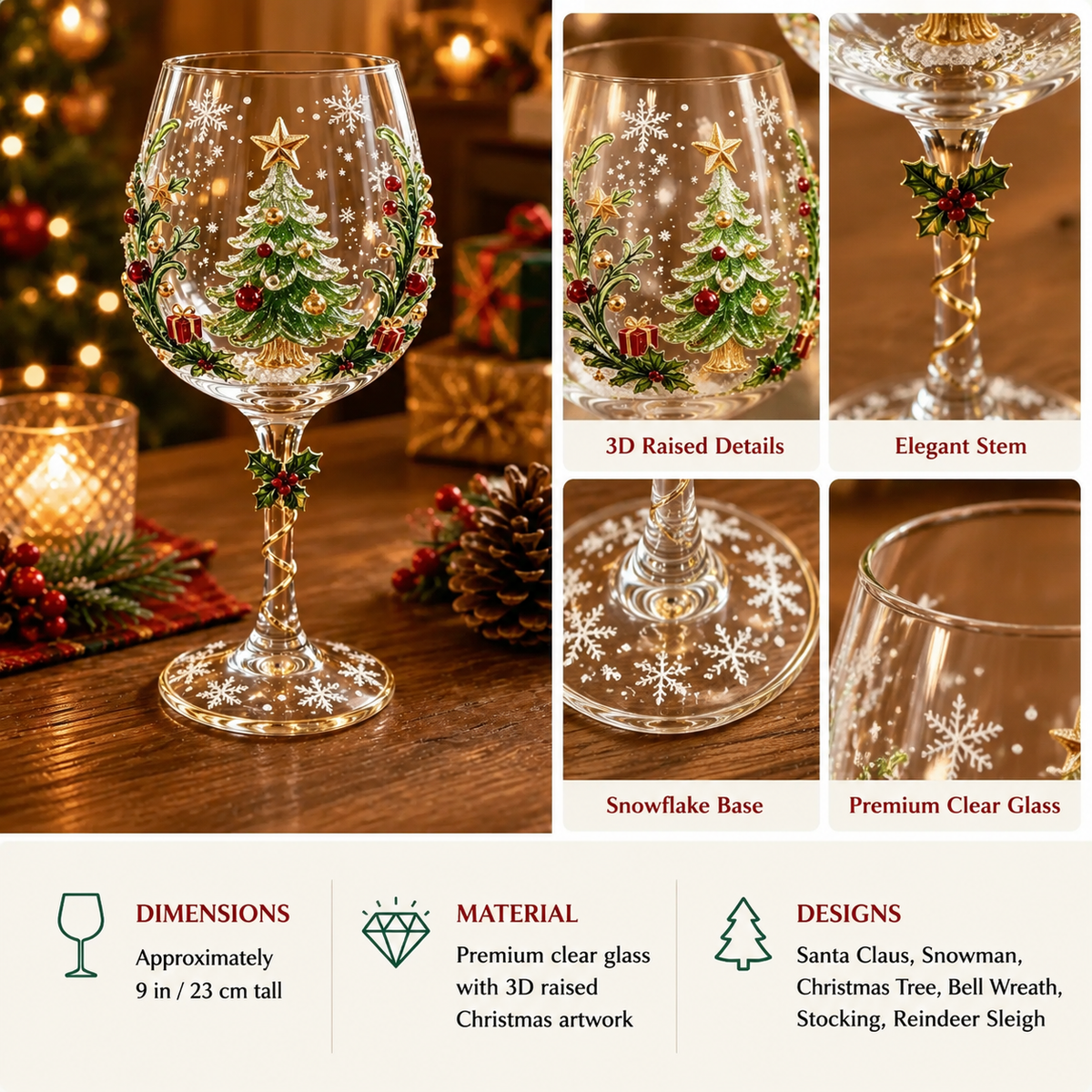 Handcrafted 3D Christmas Wine Glass Collection