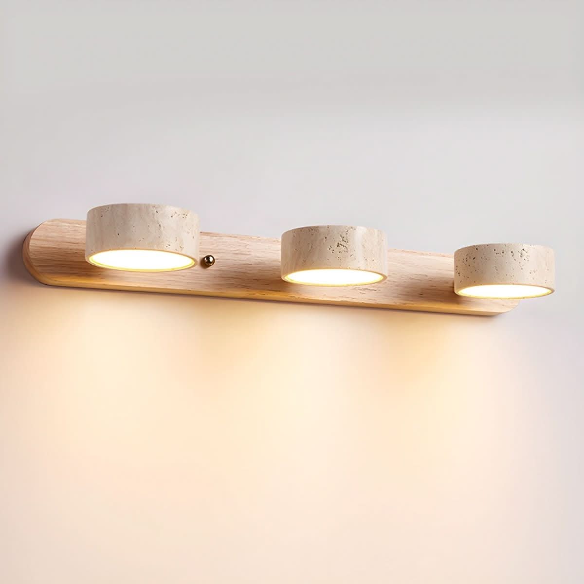 Indoor LED wall light with natural travertine and wood design