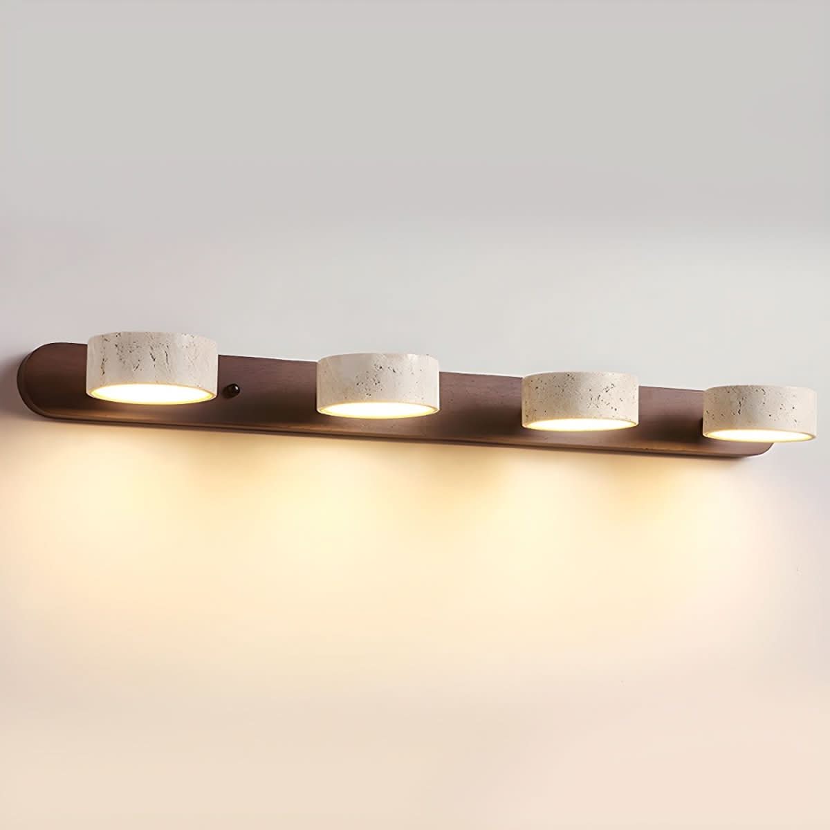 Indoor LED wall light with natural travertine and wood design