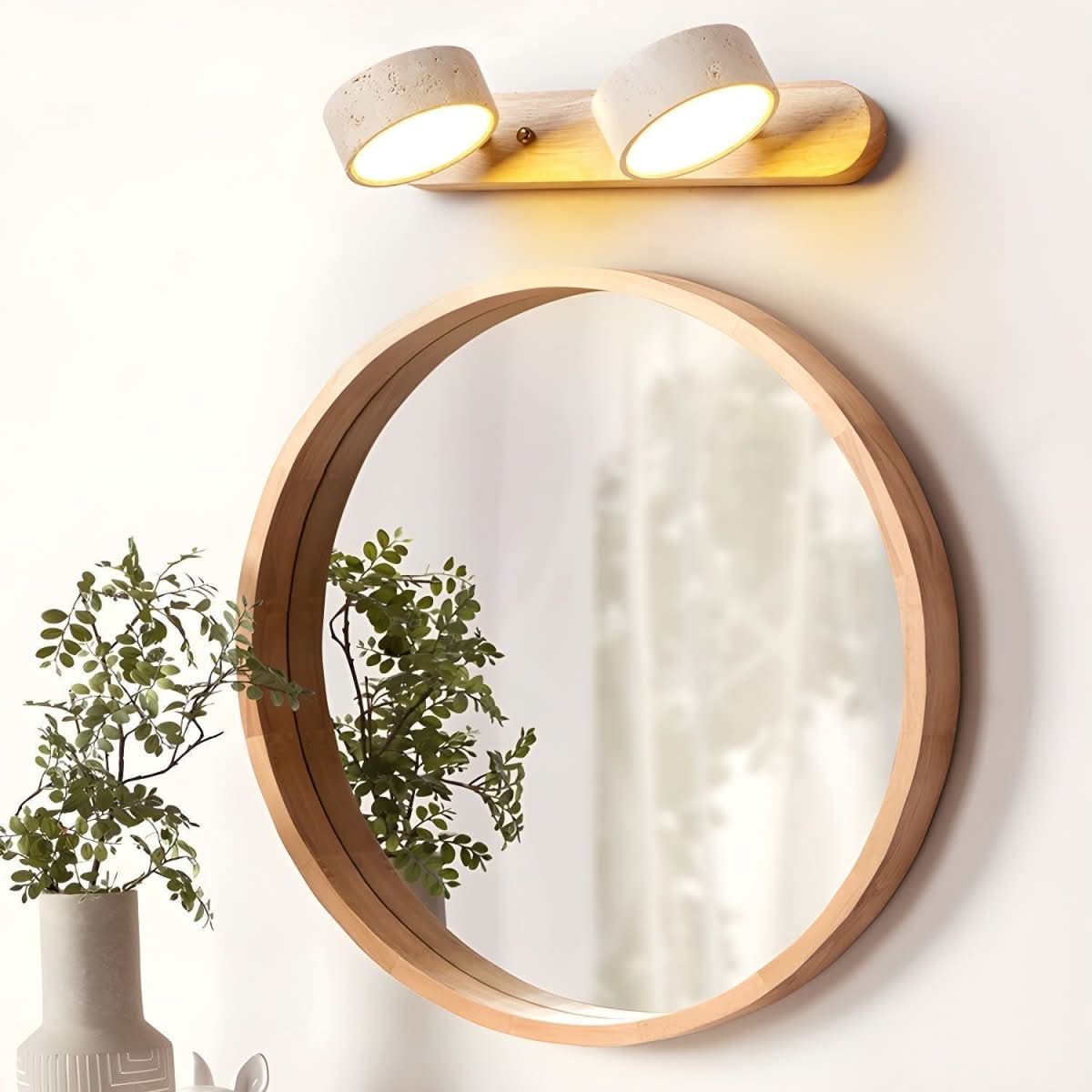 Indoor LED wall light with natural travertine and wood design