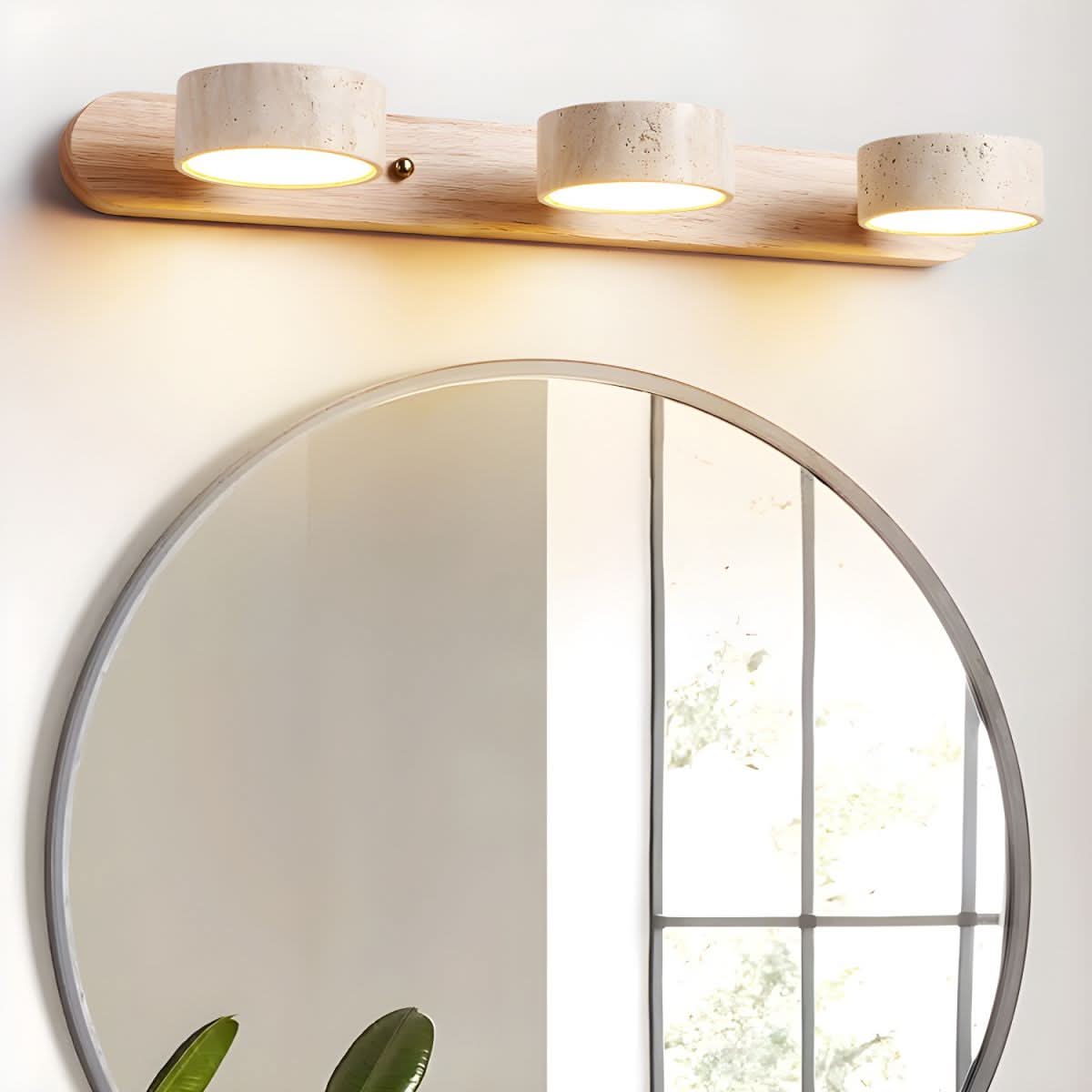 Indoor LED wall light with natural travertine and wood design