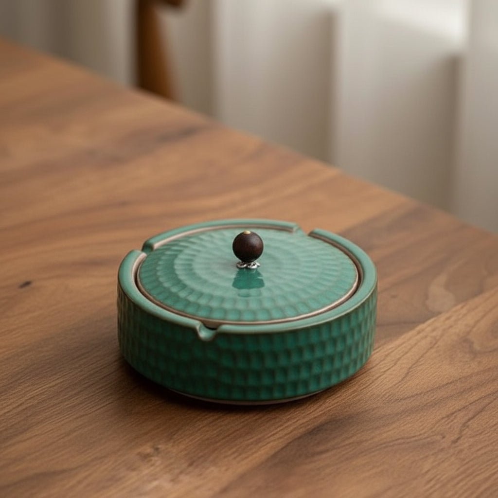 Minimalist ceramic ashtray with wooden lid