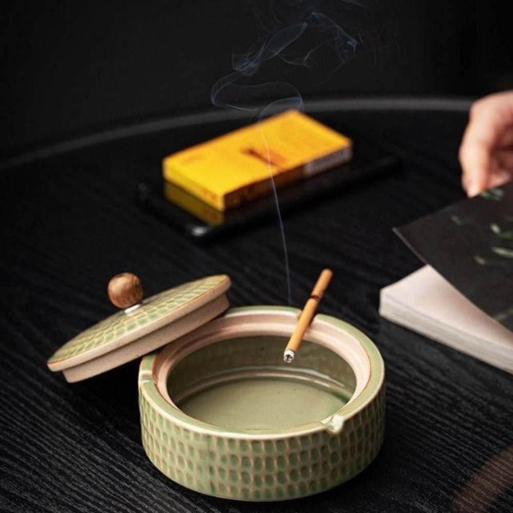 Minimalist ceramic ashtray with wooden lid