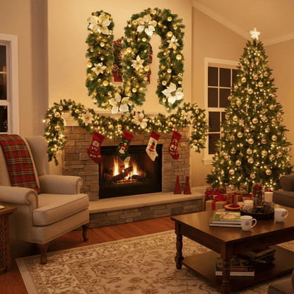 Illuminated Christmas garland made of rattan with warm-white LED lights, 2.7 m