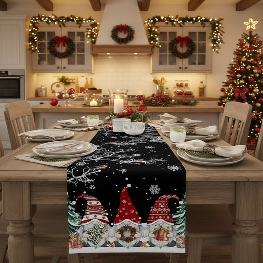 Festive Christmas linen table runner with snowflake and gnome design