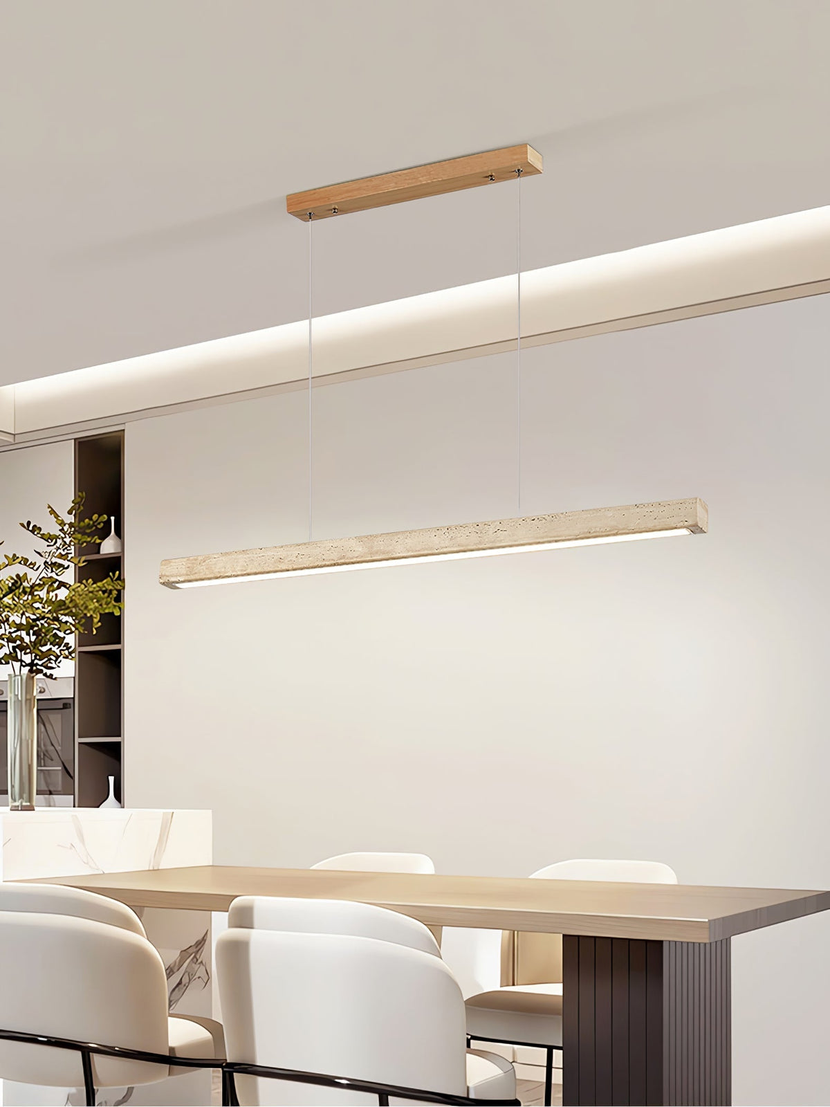 Linear Travertine Pendant Lamp — Stone Bar, Wire-Suspended Pendant Light