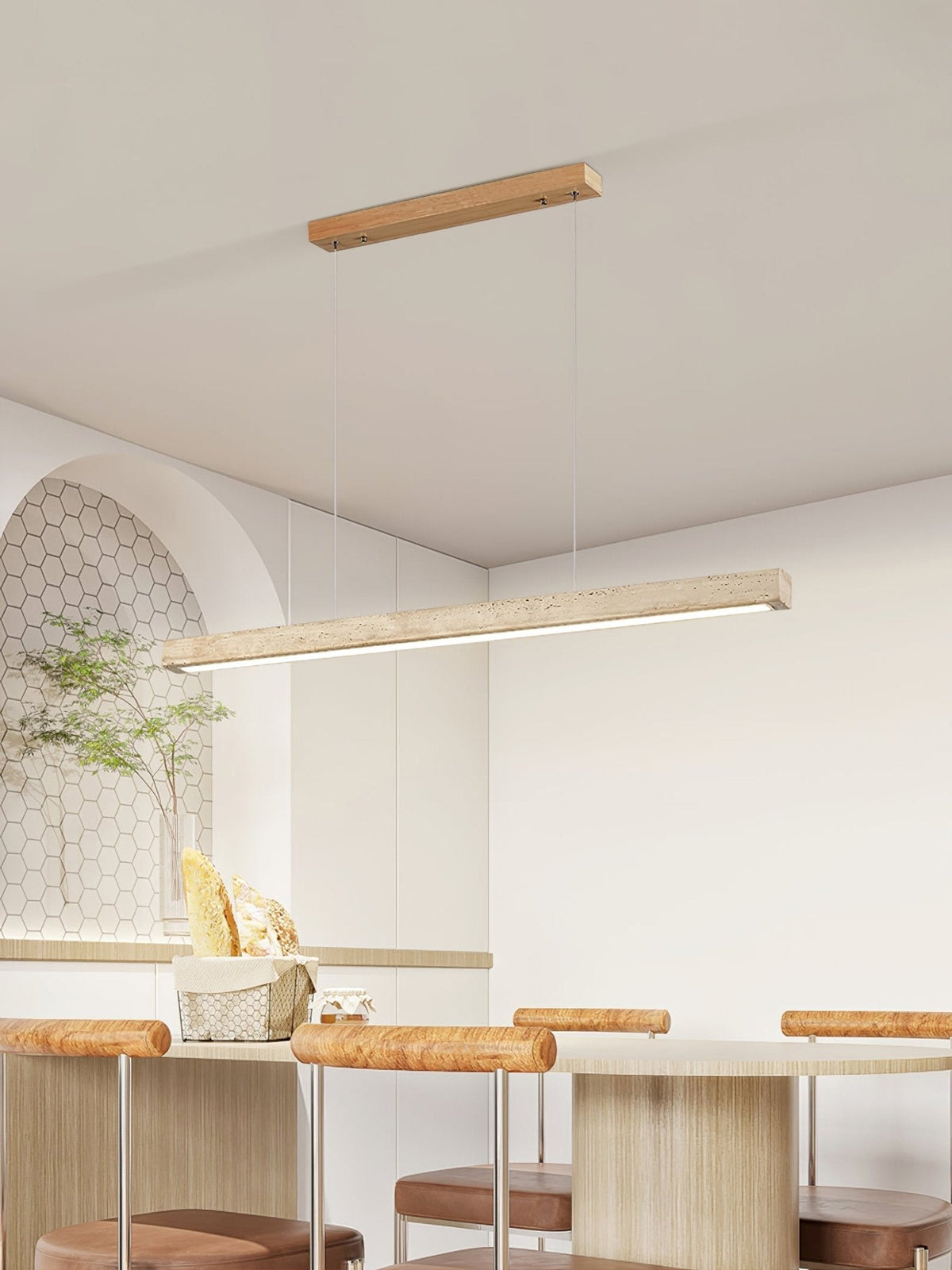 Linear Travertine Pendant Lamp — Stone Bar, Wire-Suspended Pendant Light