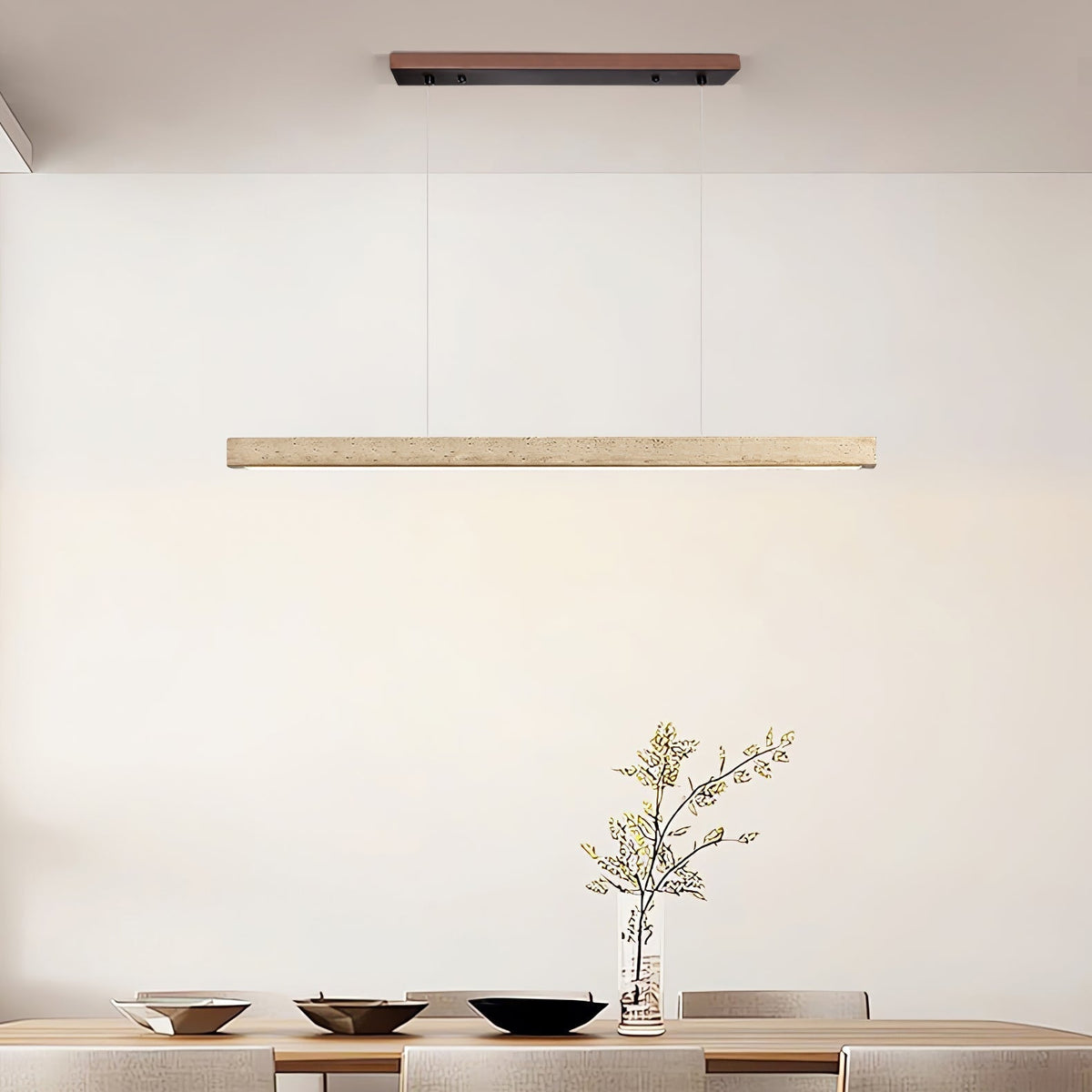 Linear Travertine Pendant Lamp — Stone Bar, Wire-Suspended Pendant Light