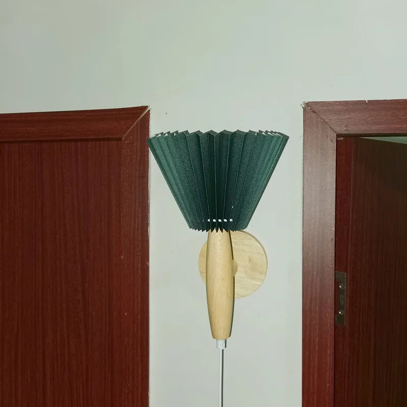 Nordic Wood Wall Sconce With Pleated Shade Glow