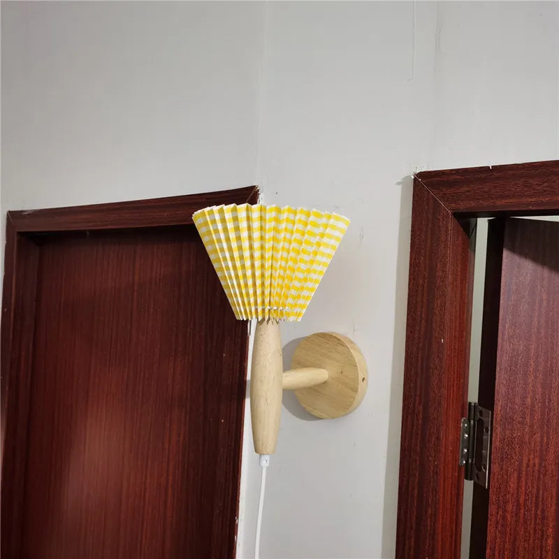 Nordic Wood Wall Sconce With Pleated Shade Glow