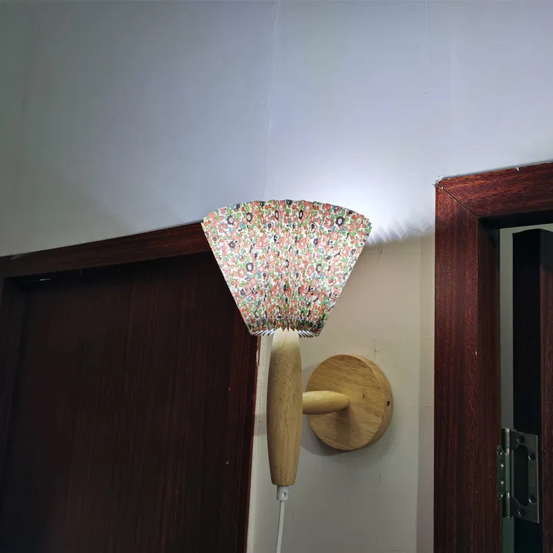 Nordic Wood Wall Sconce With Pleated Shade Glow
