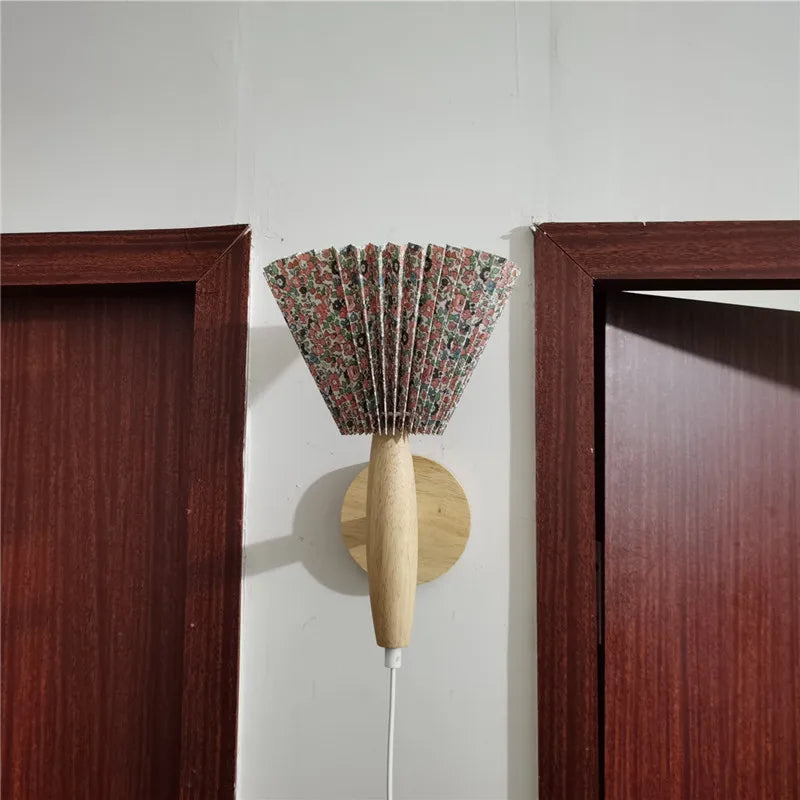 Nordic Wood Wall Sconce With Pleated Shade Glow