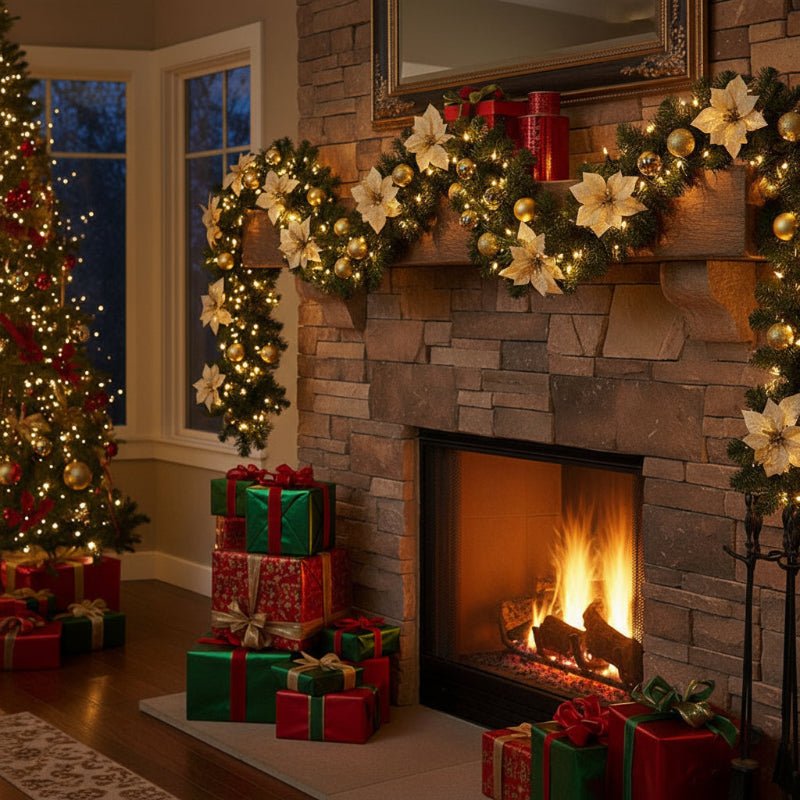 Illuminated Christmas garland made of rattan with warm-white LED lights, 2.7 m