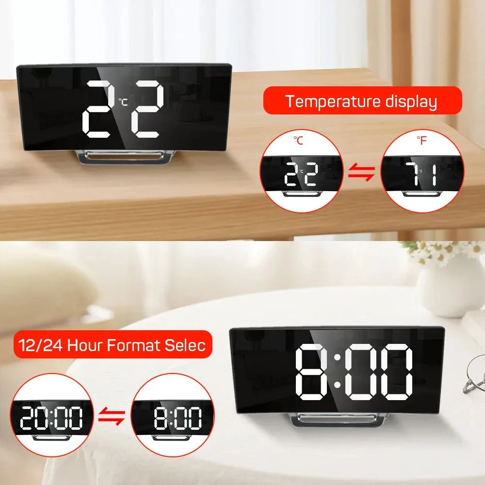 Slim digital alarm clock with large LED display & silent design