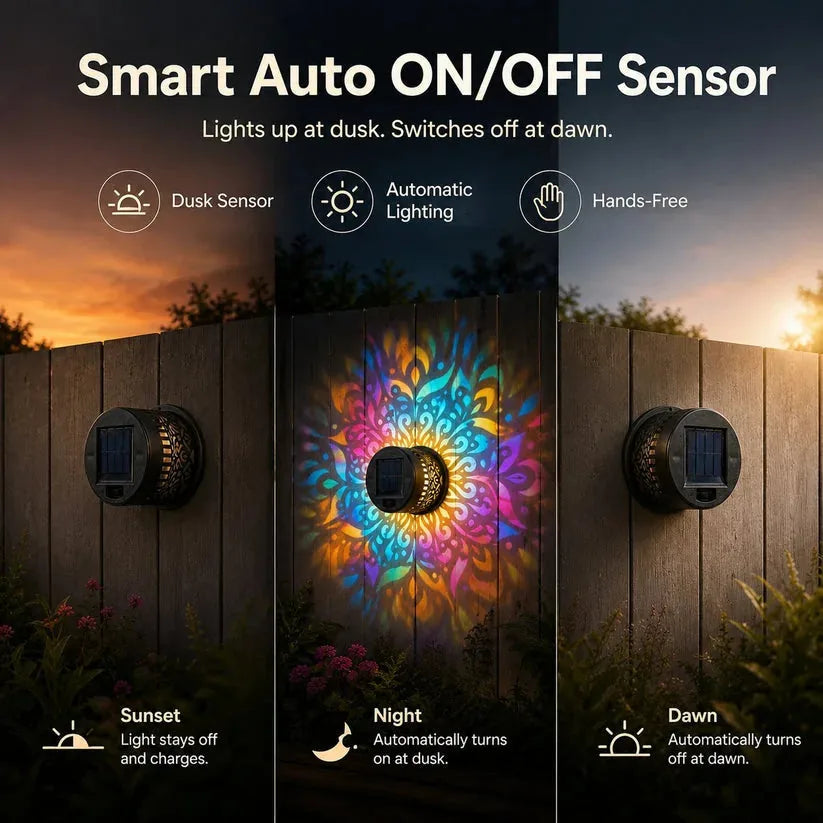 2 PCS Solar Mandala Wall Light – Waterproof Outdoor Garden Fence Projector Lamp with Magical Ambient Glow