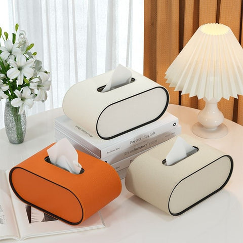Sophisticated oval leather tissue box for modern interiors